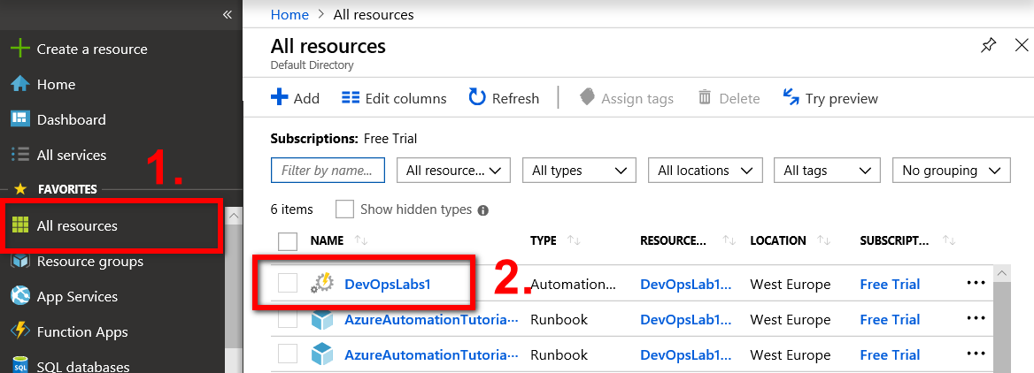 Screenshot of the All Resources section within the main menu in Azure Portal. The All Resources filter button and DevOpsLabs1 Automation Account resource are highlighted, to illustrate how to access the DevOpsLabs1 Automation Account from Azure Portal.
